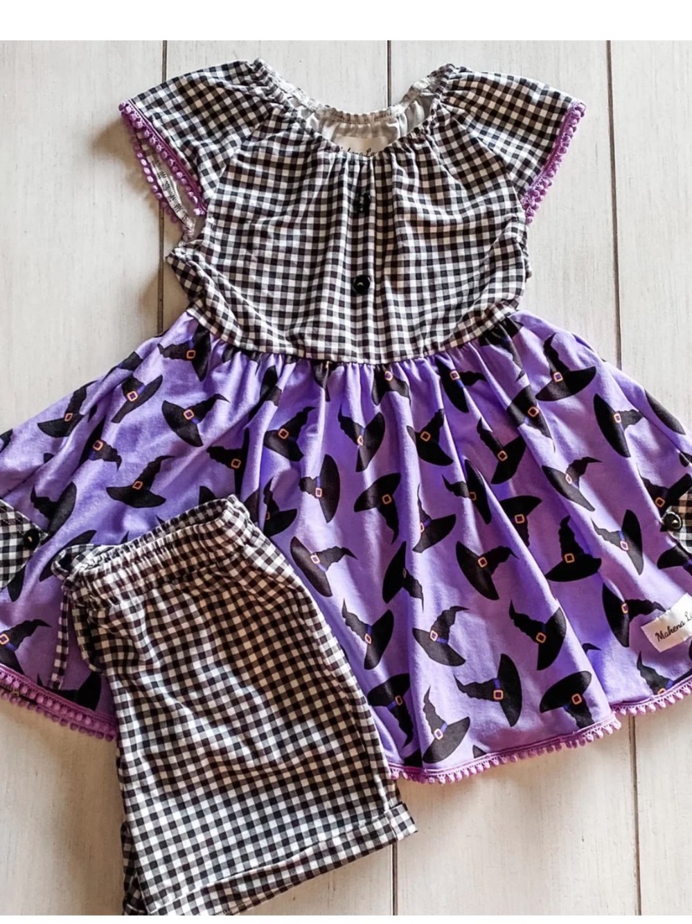 Makena Lane Purple and Black Gingham Tunic Dress Set with Witches hats - so cute